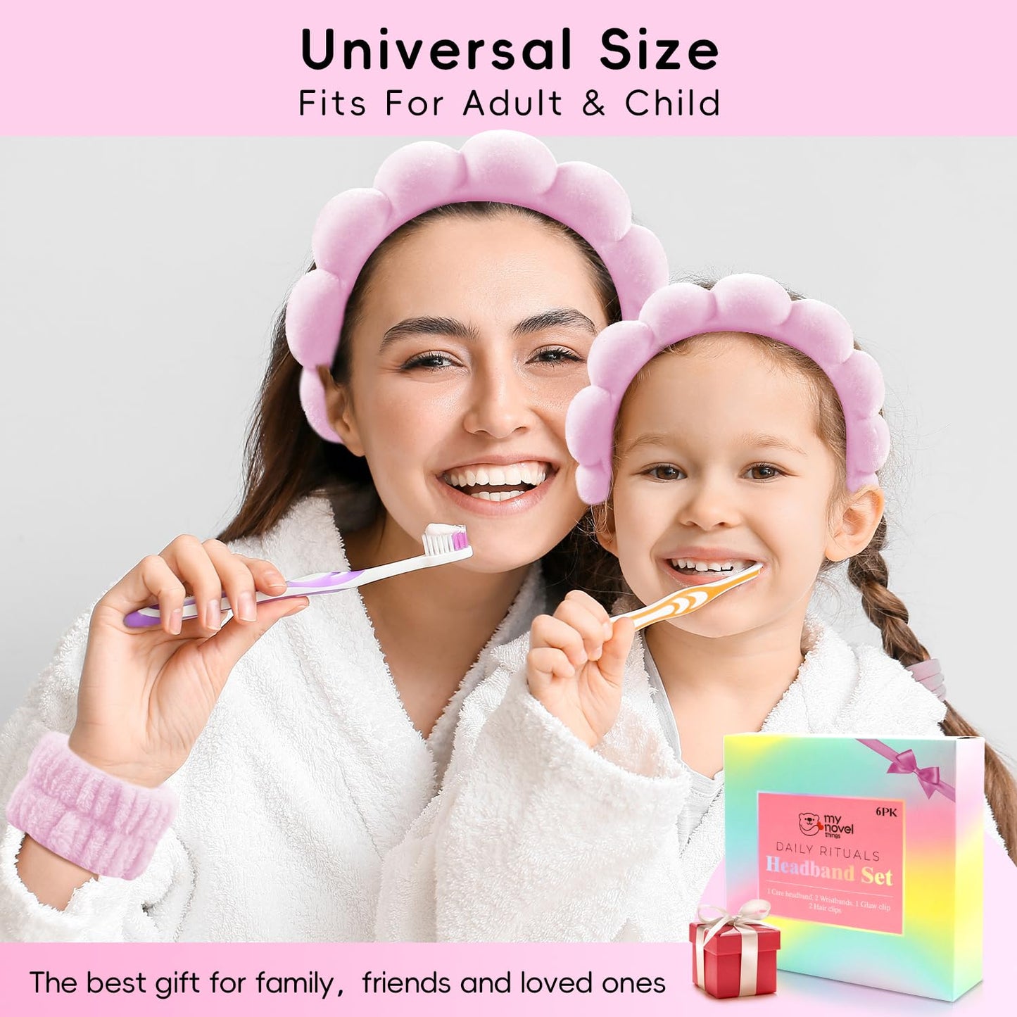 Spa Headband for Washing Face, Cute Skincare Headband and Wristband with Hair Clips Gift Set for Women Girl, Soft-Puffy Velvet Makeup Headbands (Pink)