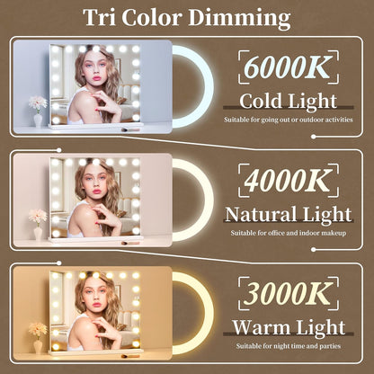 Vanity Mirror with Lights,Makeup Mirror with 17 Dimmable LED Bulbs, 3 Color Lighting Modes Detachable 10X Magnification Mirror Touch Control, 23.6X19,7 Inch, White