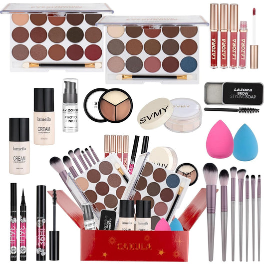 Women Full Kit Make up Kit Makeup Sets Women Includes Eyeshadow Palette Lip Gloss Liquid Lipstick Make up Sponge Brushes Eyebrow Concealer with Makeup Bag