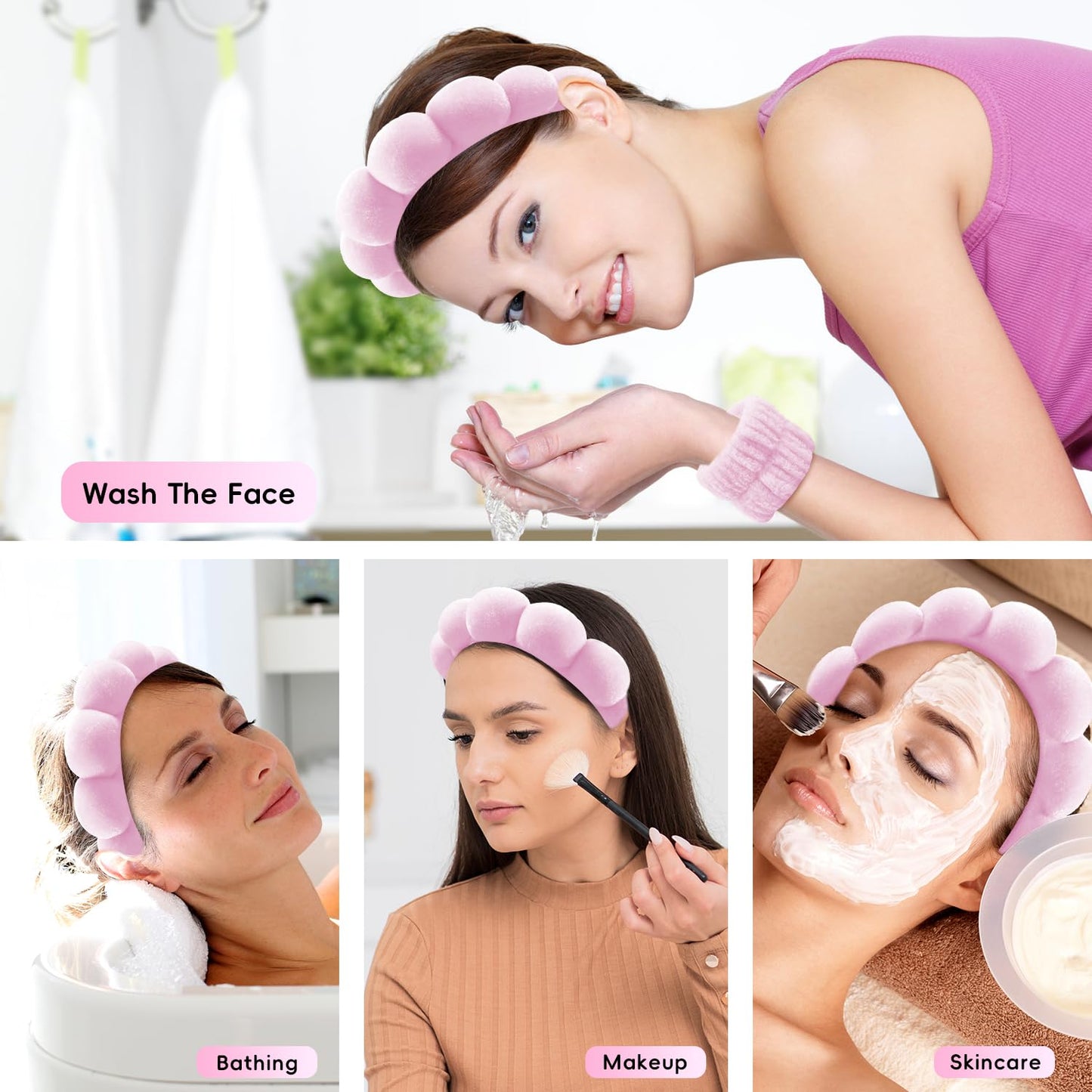 Spa Headband for Washing Face, Cute Skincare Headband and Wristband with Hair Clips Gift Set for Women Girl, Soft-Puffy Velvet Makeup Headbands (Pink)