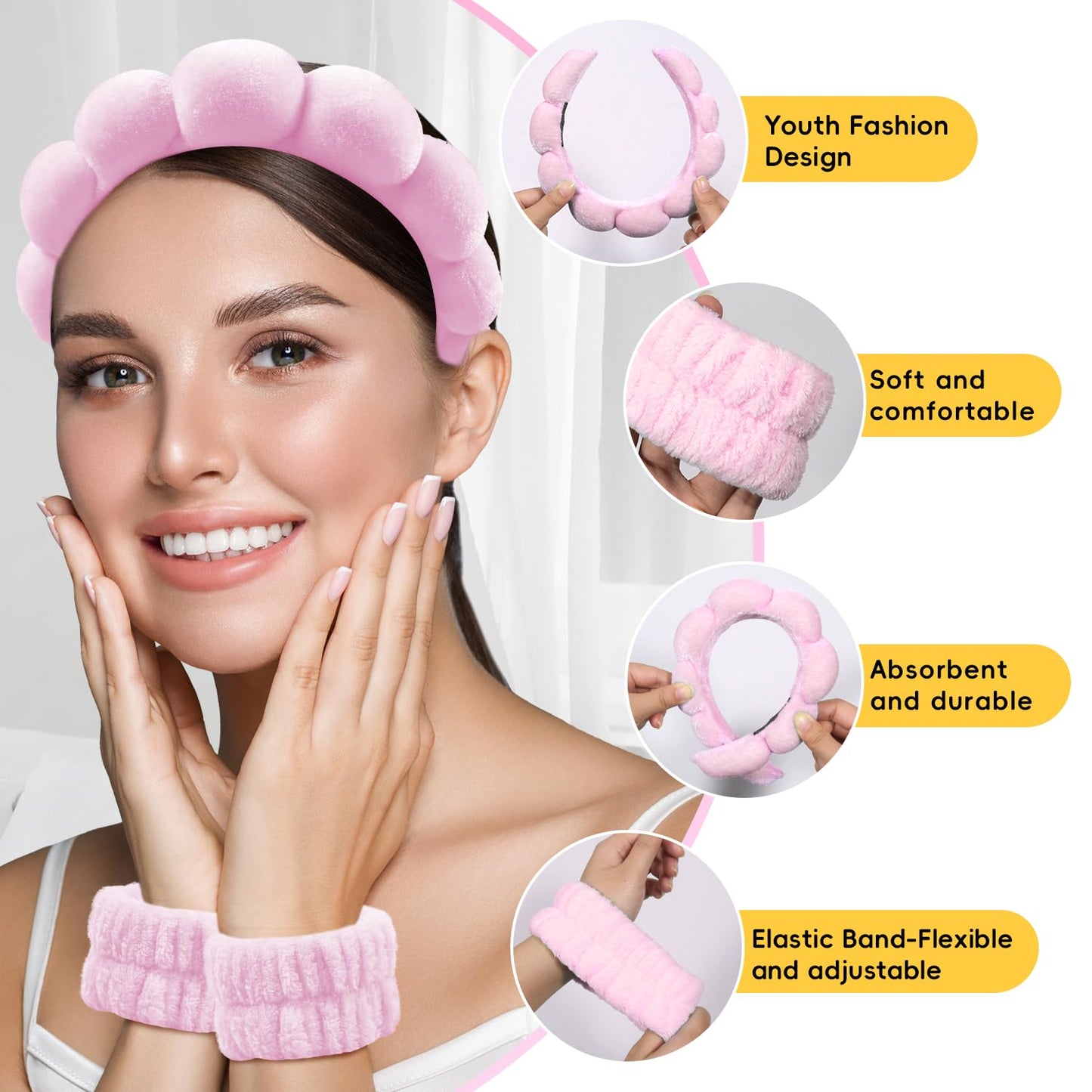 Spa Headband for Washing Face, Cute Skincare Headband and Wristband with Hair Clips Gift Set for Women Girl, Soft-Puffy Velvet Makeup Headbands (Pink)