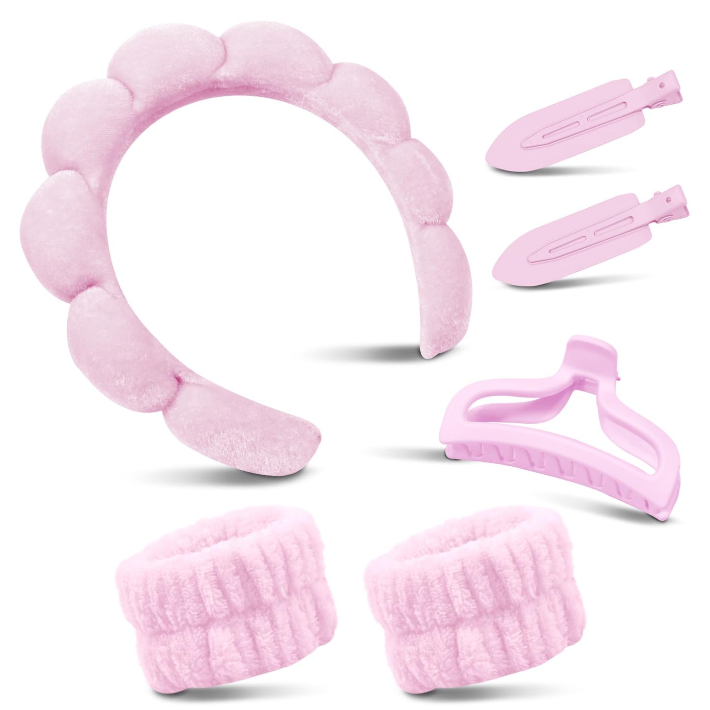 Spa Headband for Washing Face, Cute Skincare Headband and Wristband with Hair Clips Gift Set for Women Girl, Soft-Puffy Velvet Makeup Headbands (Pink)
