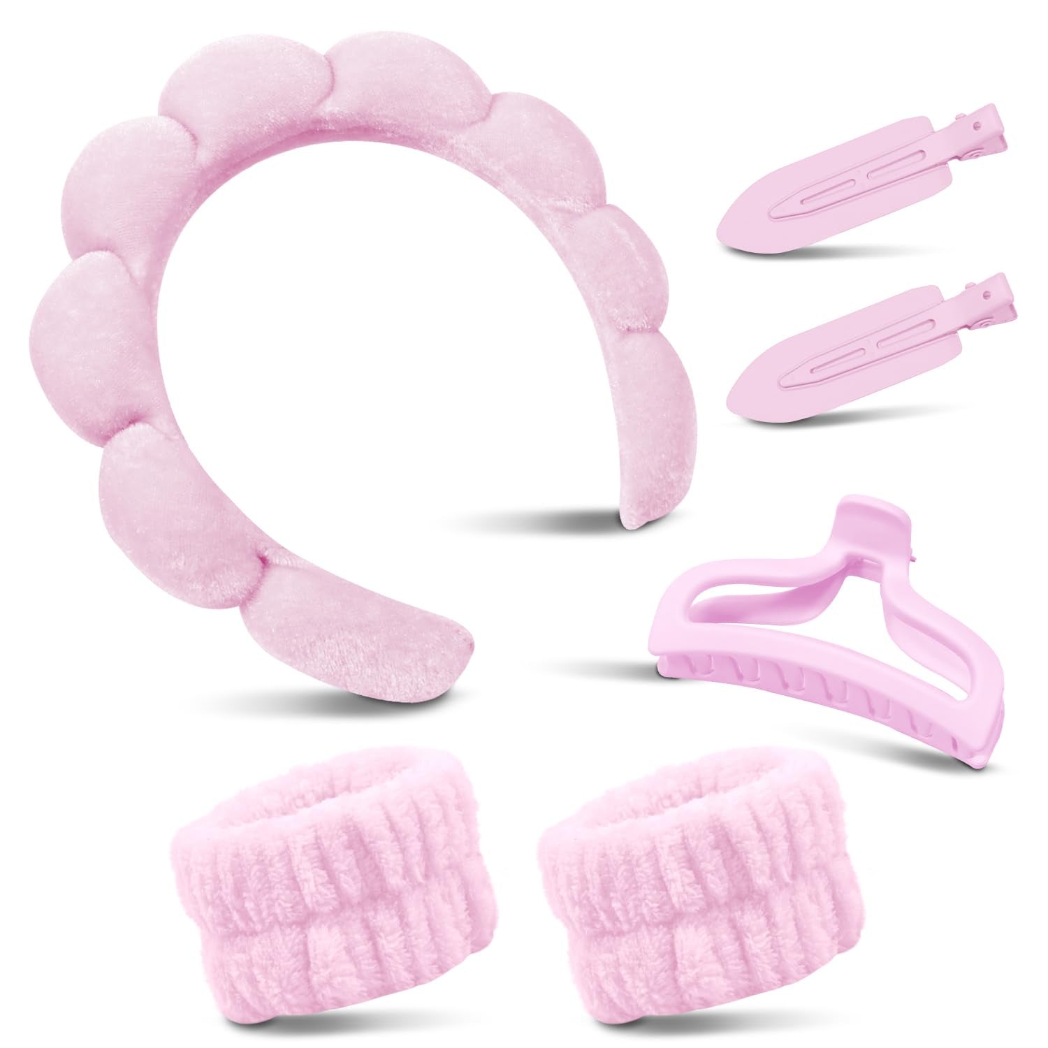 Spa Headband for Washing Face, Cute Skincare Headband and Wristband with Hair Clips Gift Set for Women Girl, Soft-Puffy Velvet Makeup Headbands (Pink)