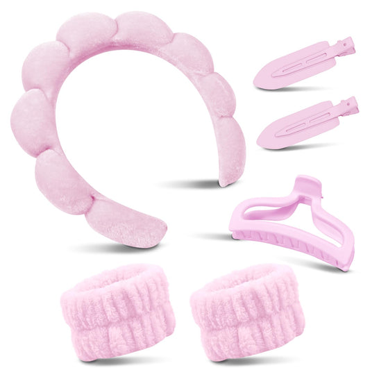Spa Headband for Washing Face, Cute Skincare Headband and Wristband with Hair Clips Gift Set for Women Girl, Soft-Puffy Velvet Makeup Headbands (Pink)