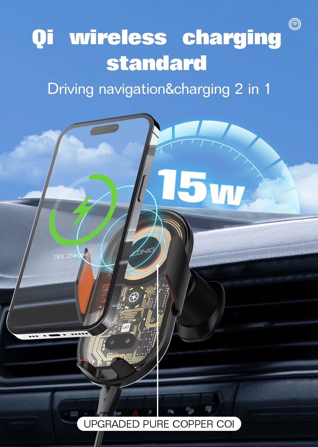 15W Wireless Charging Car Mount Phone Holder Mount Hands-Free  Cell Phone Mounts for Dashboard/Windshield 360° Rotation