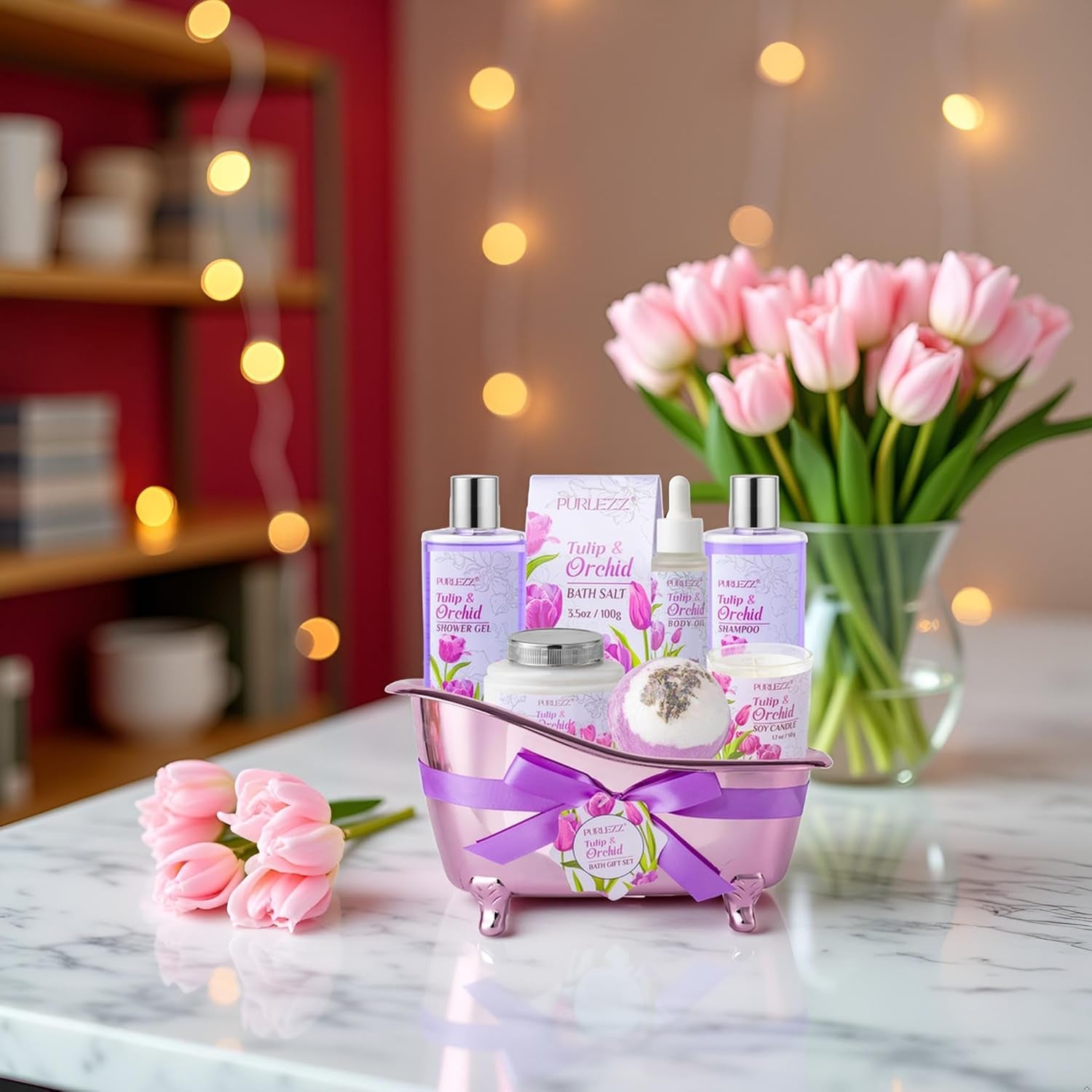 Spa Gift Basket, Mother'S Day Gift for Mom - 8 Pcs Tulip Scents Bath & Body Gift Set for Women, Spa Gift Kit, Birthday Gifts, Self Care, Pampering Gifts for Her, All Occasion Holiday Present