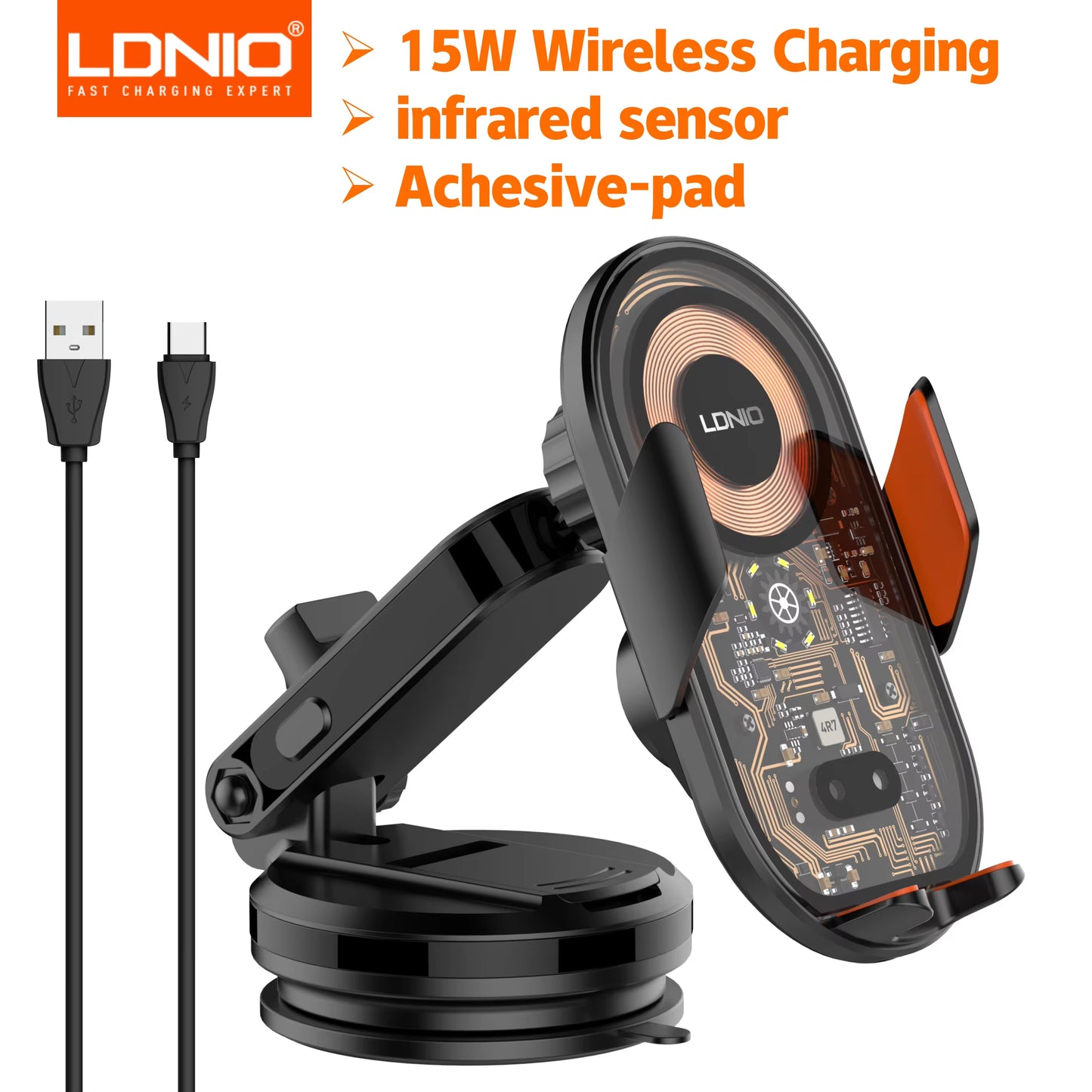 15W Wireless Charging Car Mount Phone Holder Mount Hands-Free  Cell Phone Mounts for Dashboard/Windshield 360° Rotation