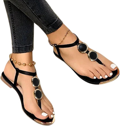 Sandals for Women Summer Casual Comfy Gladiator Sandals Retro Back Zip Flat Heel T-Strap Clip-Toe Shoes Bohemian Beach Sandals Black