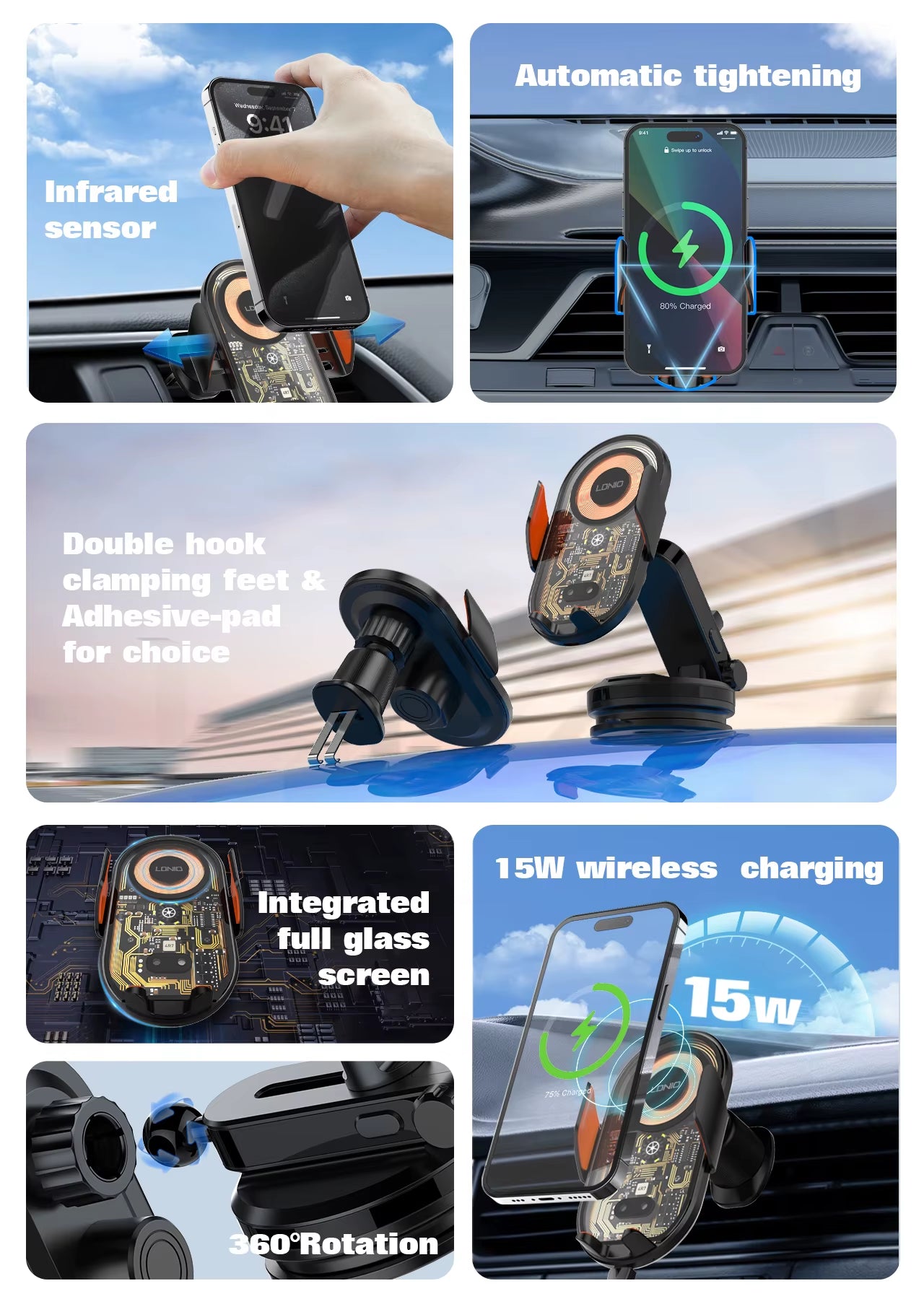 15W Wireless Charging Car Mount Phone Holder Mount Hands-Free  Cell Phone Mounts for Dashboard/Windshield 360° Rotation
