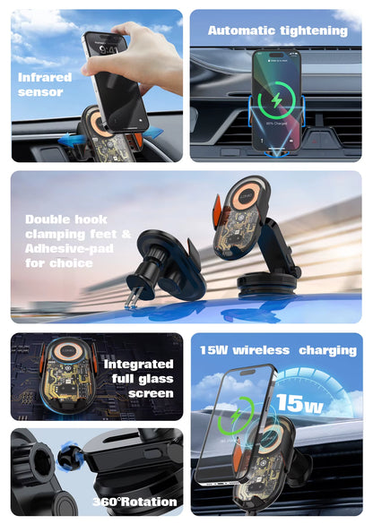 15W Wireless Charging Car Mount Phone Holder Mount Hands-Free  Cell Phone Mounts for Dashboard/Windshield 360° Rotation