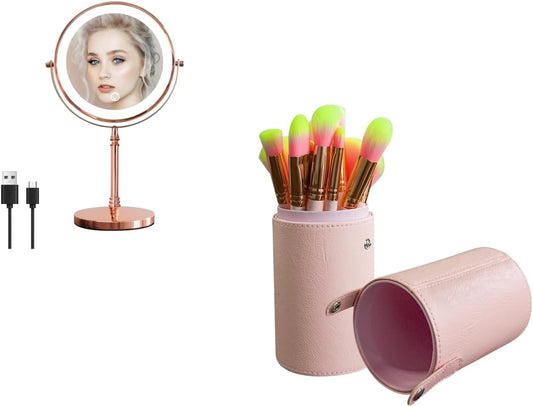 10X Lighted Magnifying Mirror Rose Gold, 12 Pcs Makeup Brushes with Holder