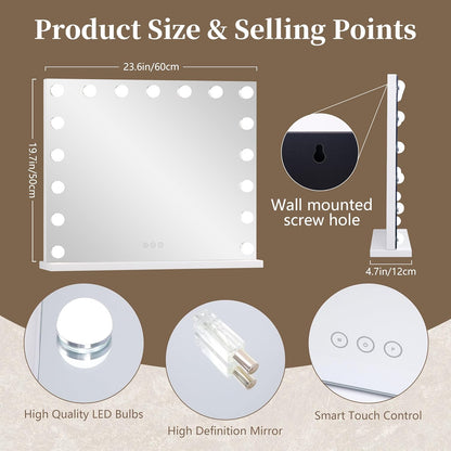 Vanity Mirror with Lights,Makeup Mirror with 17 Dimmable LED Bulbs, 3 Color Lighting Modes Detachable 10X Magnification Mirror Touch Control, 23.6X19,7 Inch, White