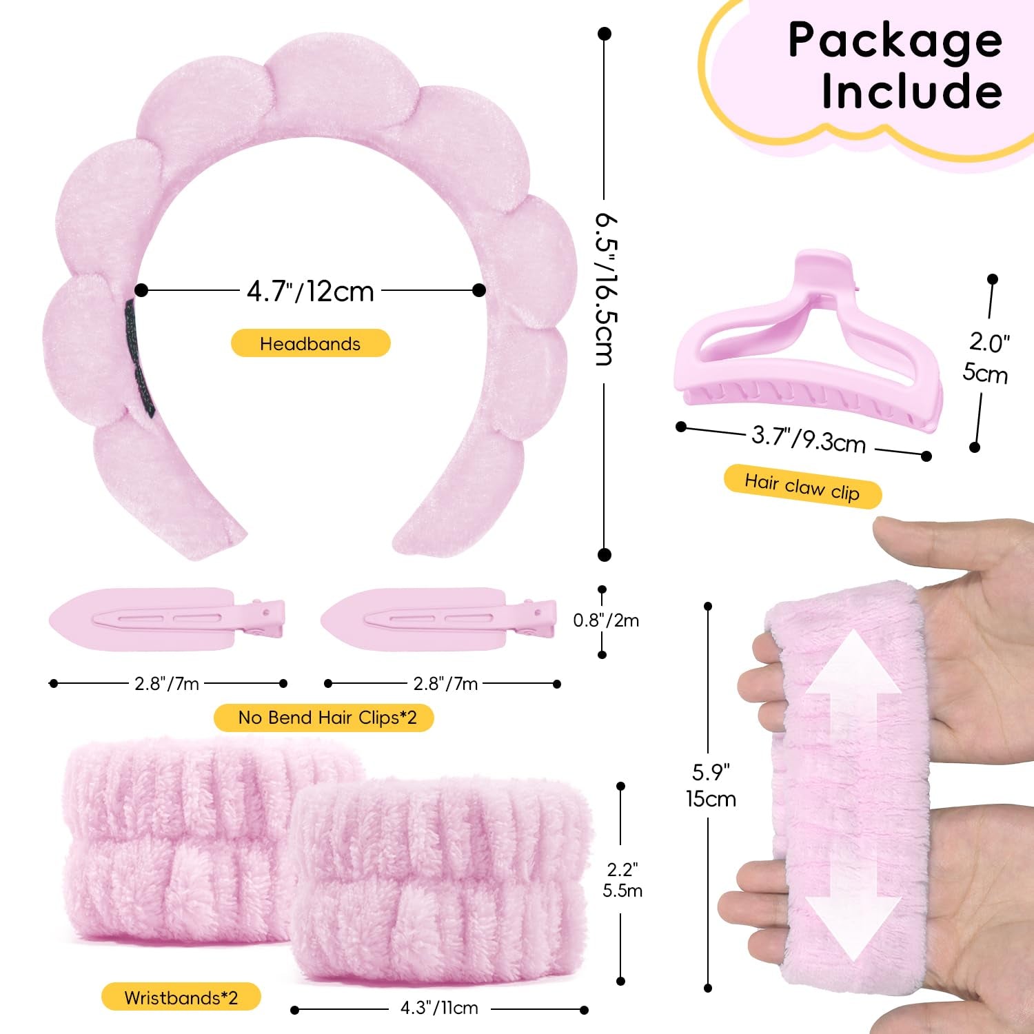 Spa Headband for Washing Face, Cute Skincare Headband and Wristband with Hair Clips Gift Set for Women Girl, Soft-Puffy Velvet Makeup Headbands (Pink)