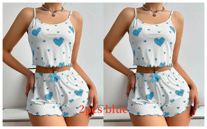 Women'S Pajamas Set Sleepwear 2 PCS Short Tank Tops and Shorts S M L White Ventilate Soft Casual Love Printing