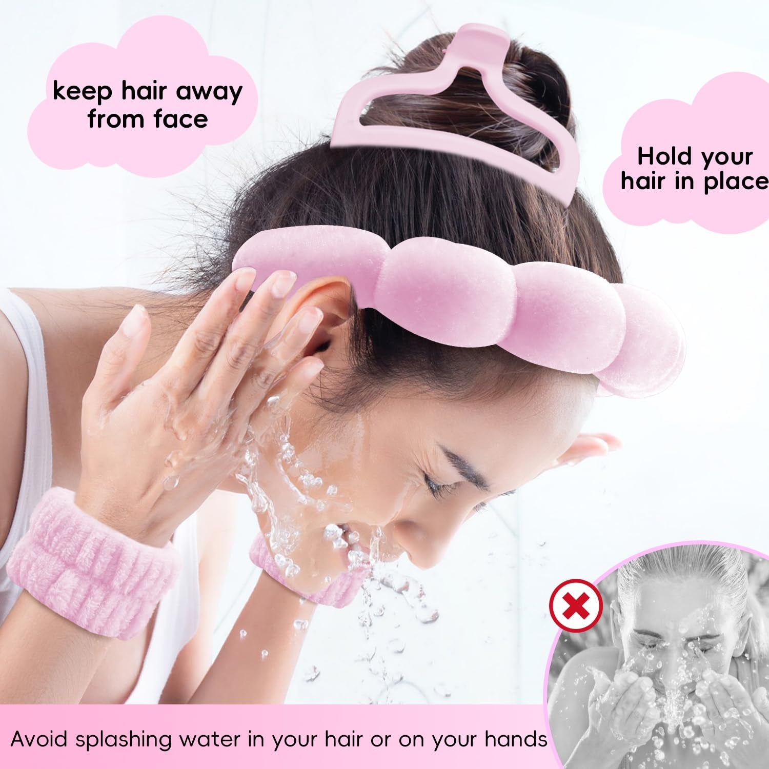 Spa Headband for Washing Face, Cute Skincare Headband and Wristband with Hair Clips Gift Set for Women Girl, Soft-Puffy Velvet Makeup Headbands (Pink)