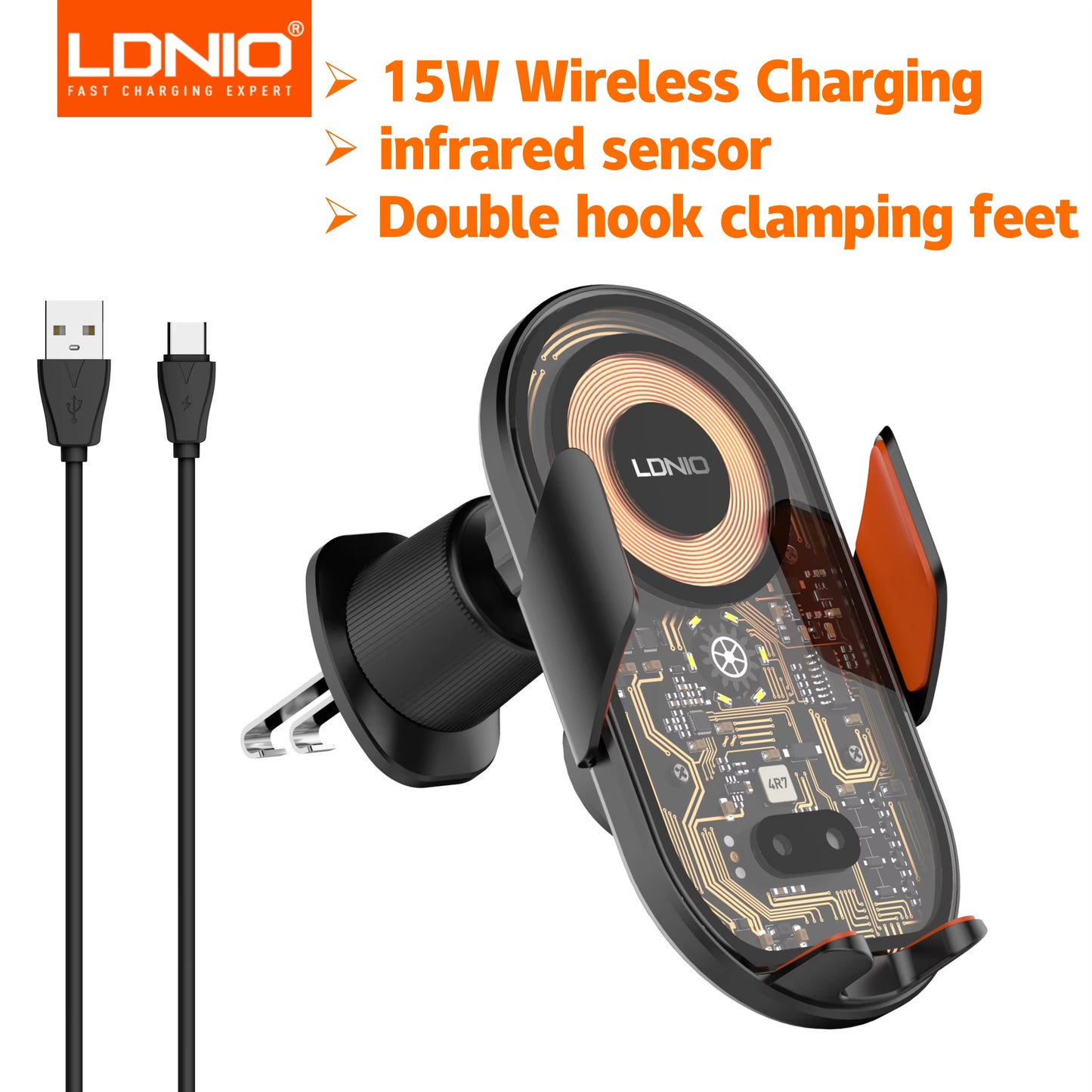 15W Wireless Charging Car Mount Phone Holder Mount Hands-Free  Cell Phone Mounts for Dashboard/Windshield 360° Rotation